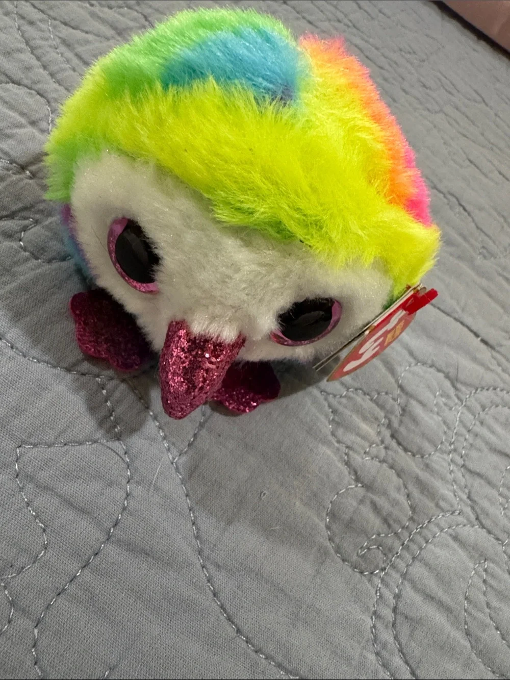 Ty Multicolor Rainbow Beanie Boos Plush Owl with Sparkly Pink Beak & Feet